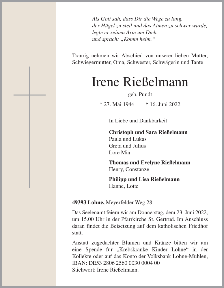  Traueranzeige für Irene Rießelmann vom 18.06.2022 aus OM-Medien
