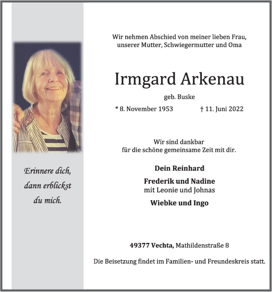 Anzeige von Irmgard Arkenau von OM-Medien