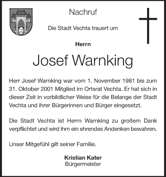 Anzeige von Josef Warnking von OM-Medien