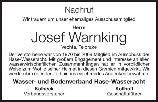 Anzeige von Josef Warnking von OM-Medien
