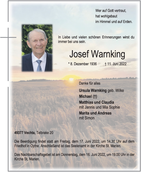 Anzeige von Josef Warnking von OM-Medien