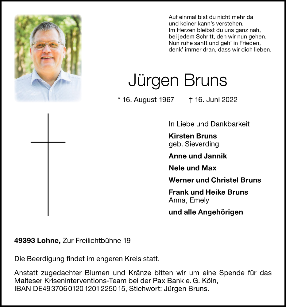  Traueranzeige für Jürgen Bruns vom 23.06.2022 aus OM-Medien
