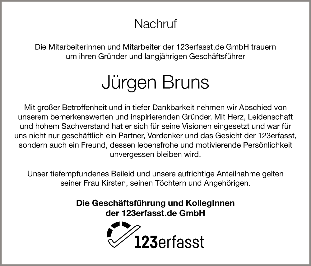  Traueranzeige für Jürgen Bruns vom 24.06.2022 aus OM-Medien