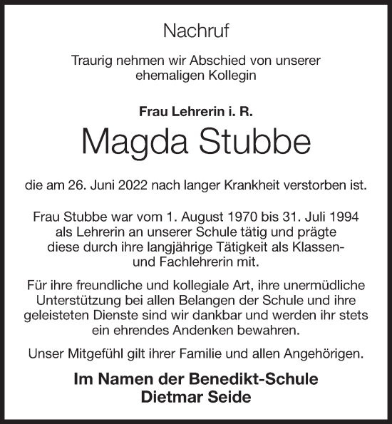Anzeige von Magda Stubbe von OM-Medien