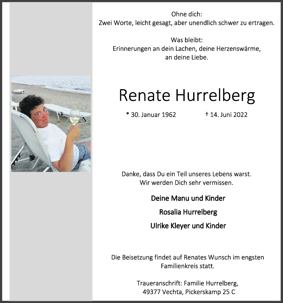  Traueranzeige für Renate Hurrelberg vom 22.06.2022 aus OM-Medien