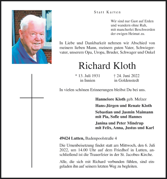 Anzeige von Richard Kloth von OM-Medien