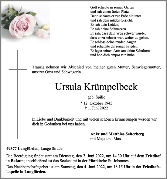 Anzeige von Ursula Krümpelbeck von OM-Medien