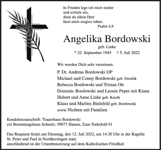 Anzeige von Angelika Bordowski von OM-Medien