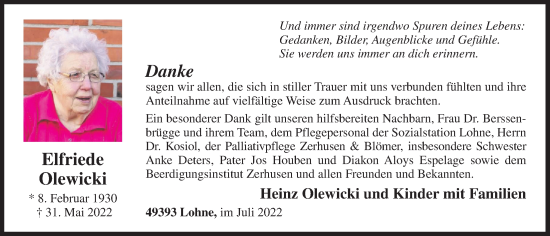 Anzeige von Elfriede Olewicki von OM-Medien