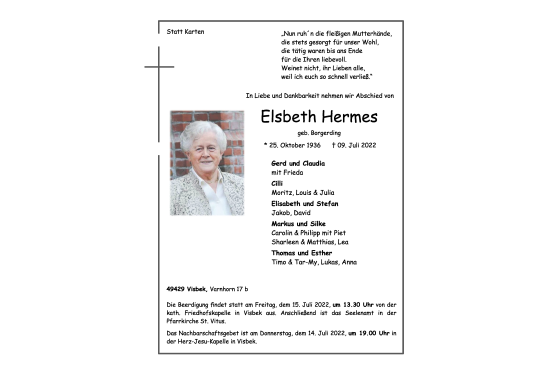 Anzeige von Elsbeth Hermes von OM-Medien