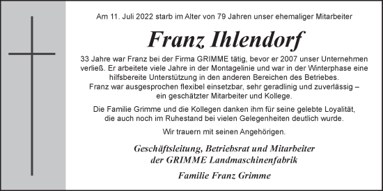 Anzeige von Franz Ihlendorf von OM-Medien