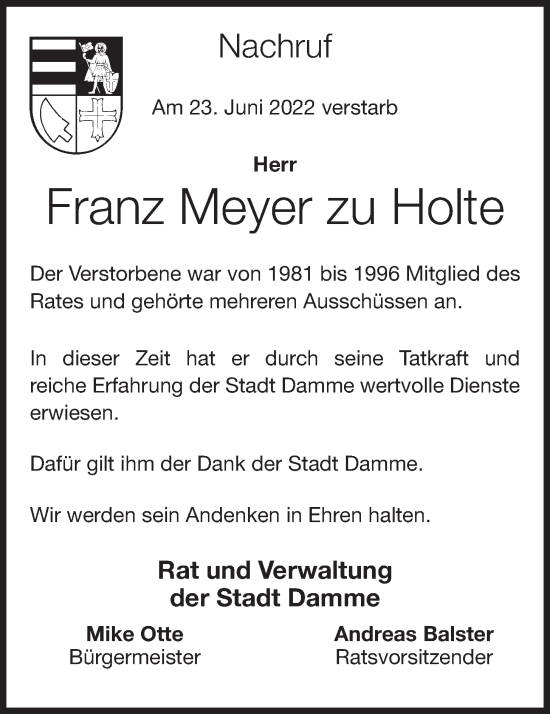 Anzeige von Franz Meyer zu Holte von OM-Medien