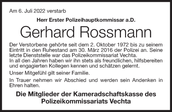 Anzeige von Gerhard Rossmann von OM-Medien