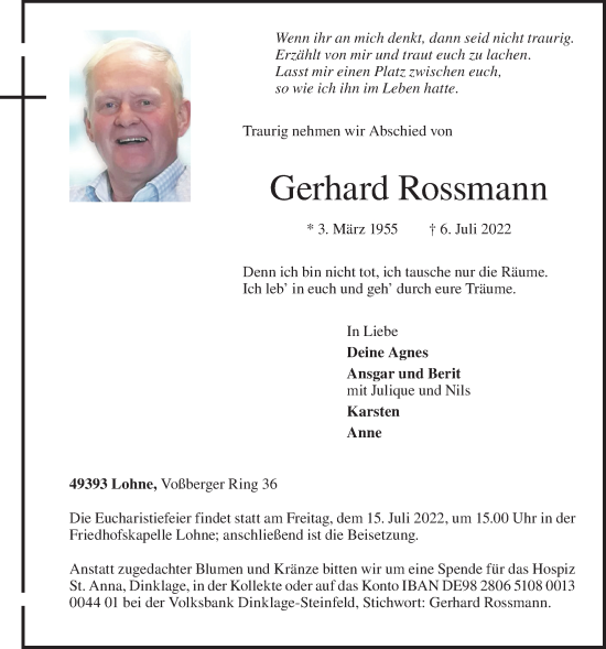 Anzeige von Gerhard Rossmann von OM-Medien