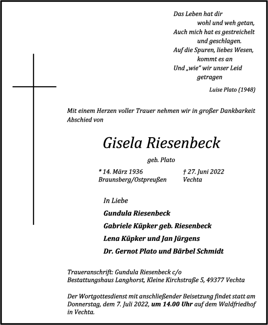 Anzeige von Gisela Riesenbeck von OM-Medien