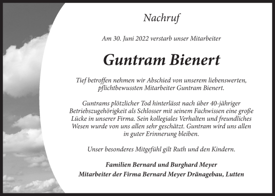 Anzeige von Guntram Bienert von OM-Medien