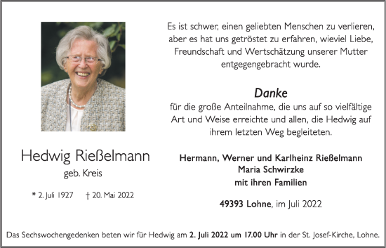 Anzeige von Hedwig Rießelmann von OM-Medien