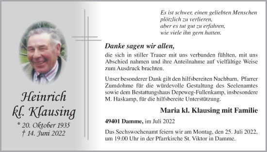 Anzeige von Heinrich kl. Klausing von OM-Medien