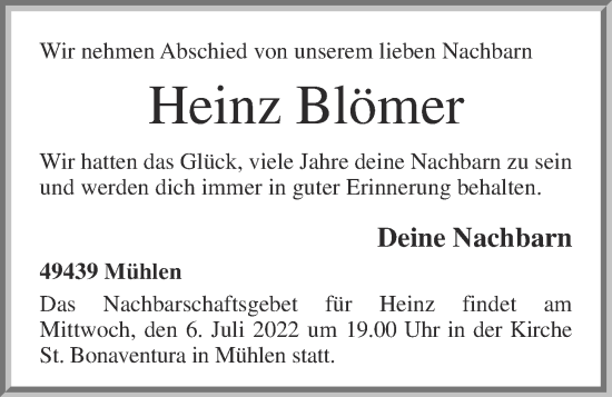 Anzeige von Heinz Blömer von OM-Medien