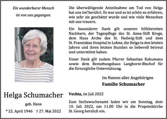 Anzeige von Helga Schumacher von OM-Medien
