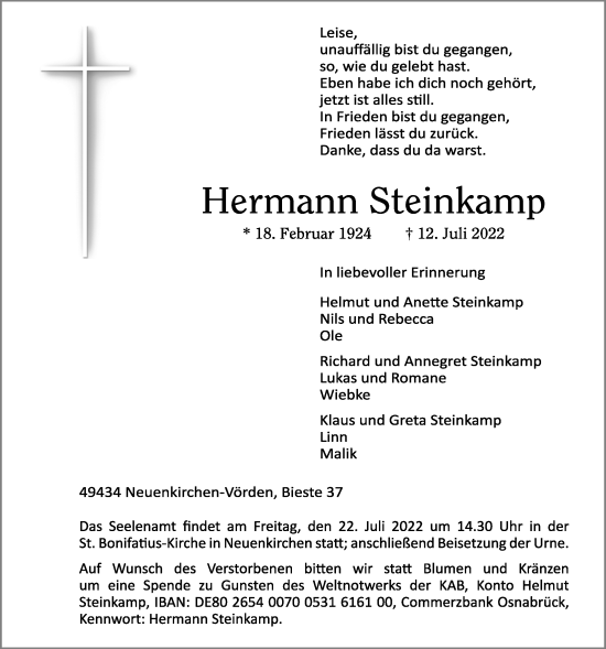Anzeige von Hermann Steinkamp von OM-Medien