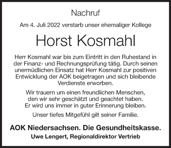 Anzeige von Horst Kosmahl von OM-Medien