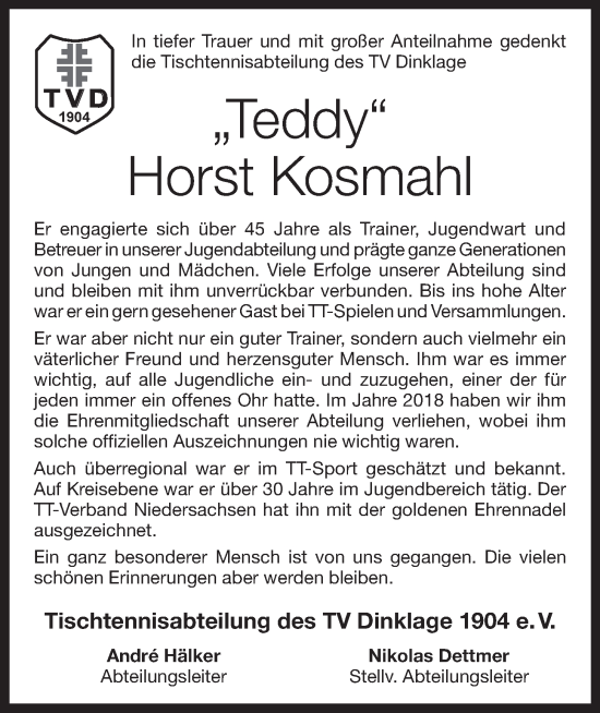 Anzeige von Horst Kosmahl von OM-Medien