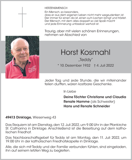 Anzeige von Horst Kosmahl von OM-Medien