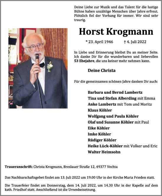 Anzeige von Horst Krogmann von OM-Medien
