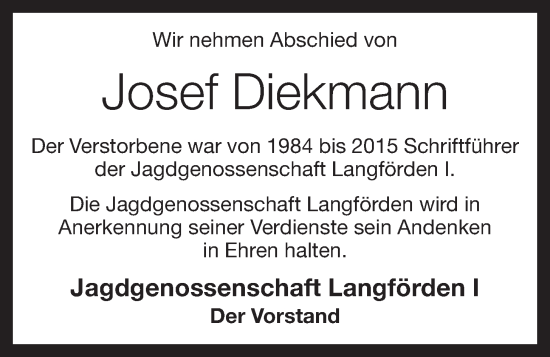 Anzeige von Josef Diekmann von OM-Medien