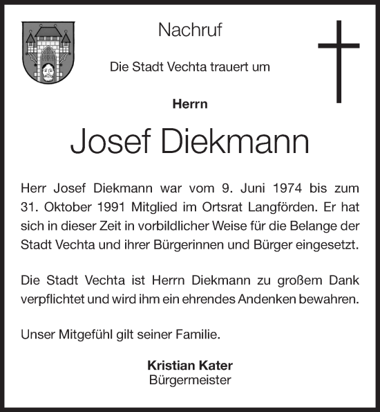 Anzeige von Josef Diekmann von OM-Medien