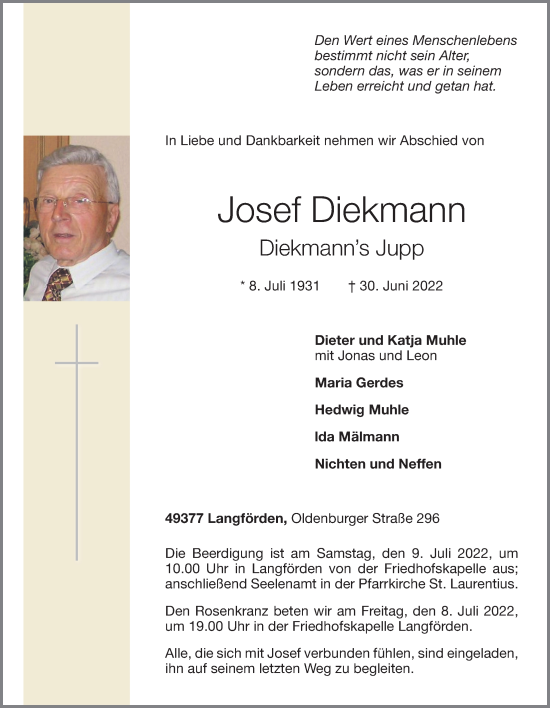 Anzeige von Josef Diekmann von OM-Medien
