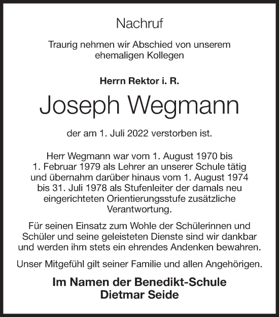 Anzeige von Joseph Wegmann von OM-Medien