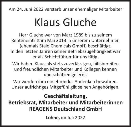 Anzeige von Klaus Gluche von OM-Medien