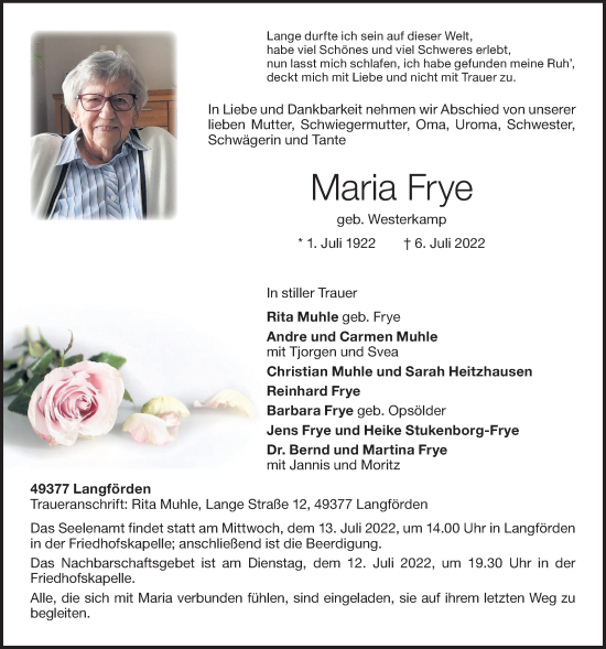 Anzeige von Maria Frye von OM-Medien