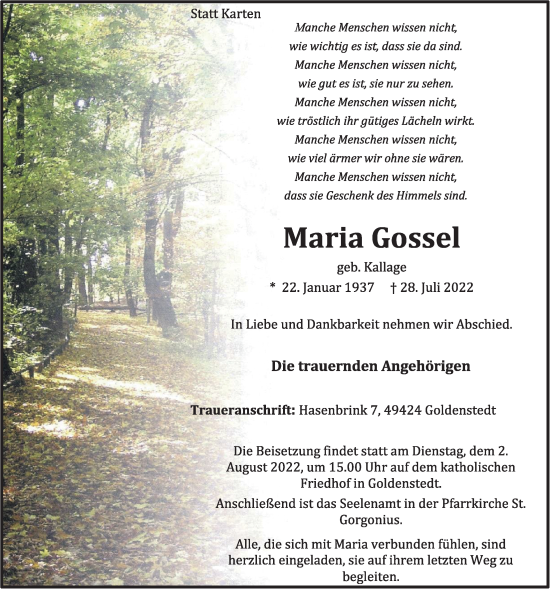 Anzeige von Maria Gossel von OM-Medien