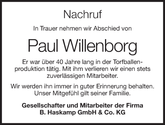Anzeige von Paul Willenborg von OM-Medien