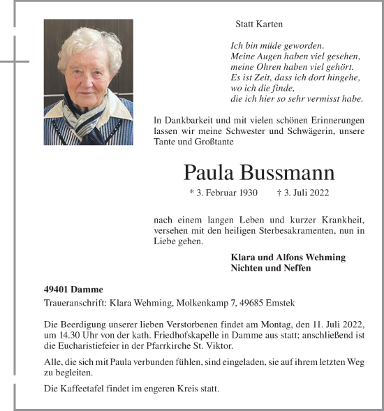 Anzeige von Paula Bussmann von OM-Medien
