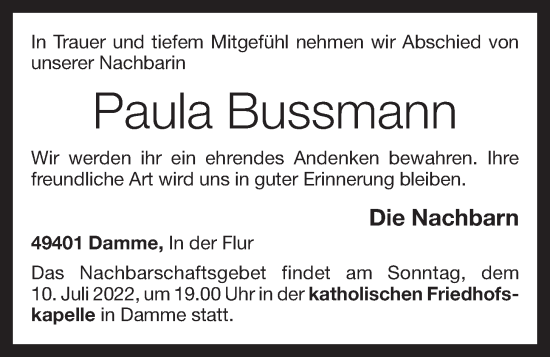 Anzeige von Paula Bussmann von OM-Medien