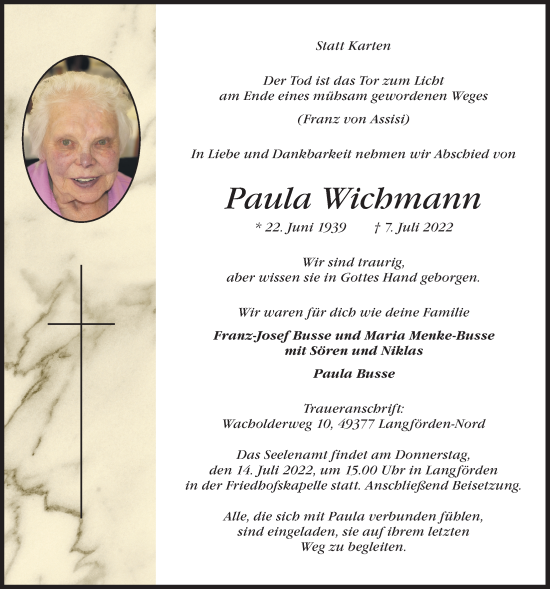 Anzeige von Paula Wichmann von OM-Medien