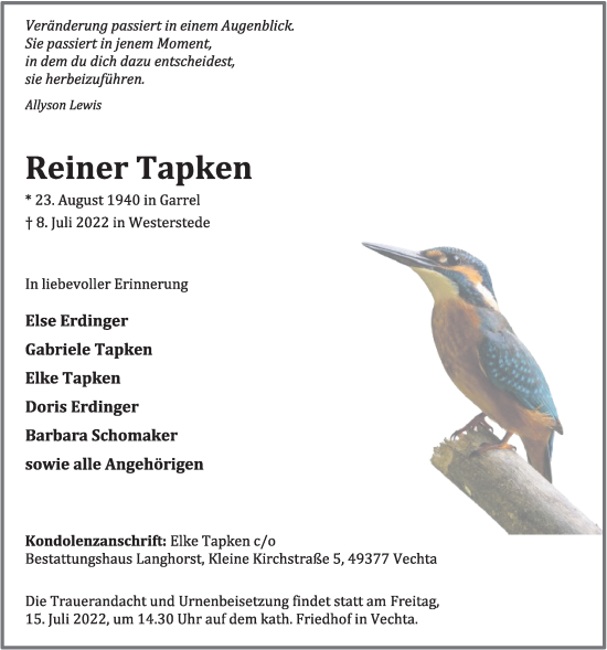 Anzeige von Reiner Tapken von OM-Medien