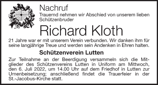 Anzeige von Richard Kloth von OM-Medien
