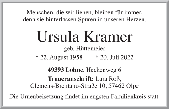 Anzeige von Ursula Kramer von OM-Medien