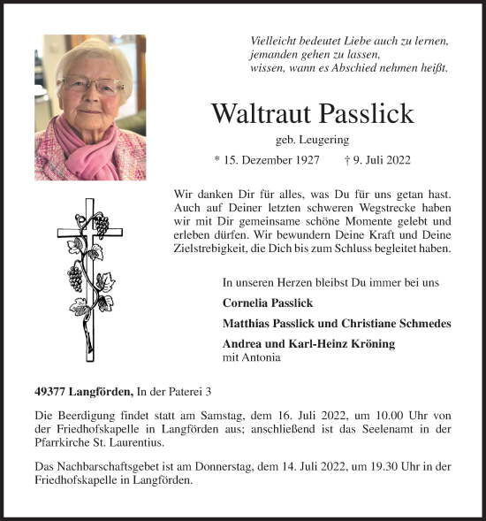 Anzeige von Waltraut Passlick von OM-Medien