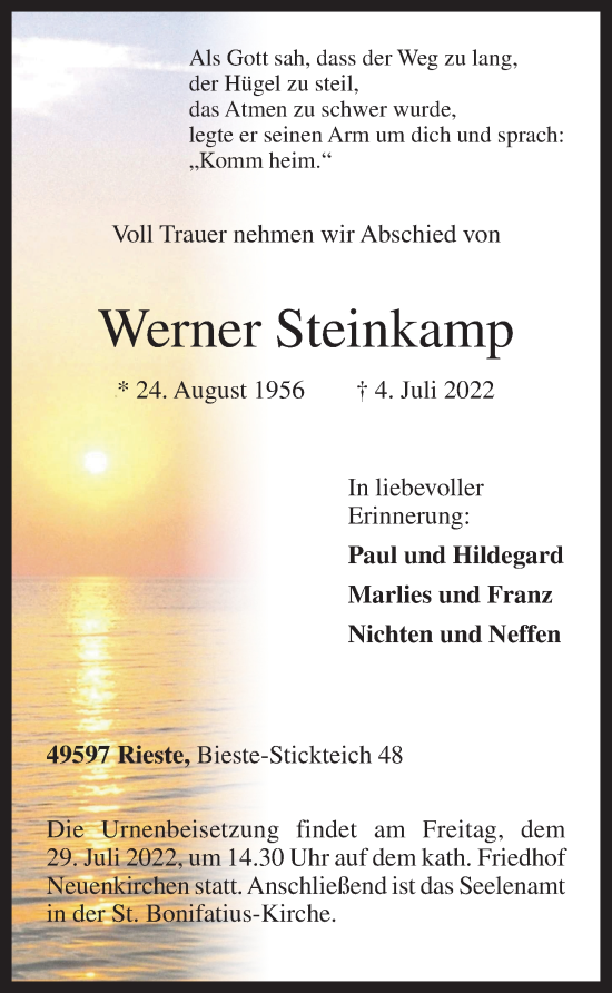 Anzeige von Werner Steinkamp von OM-Medien