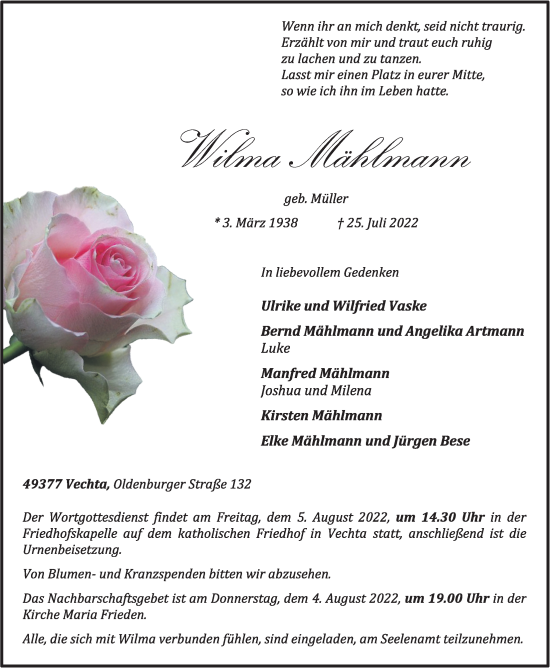 Anzeige von Wilma Mählmann von OM-Medien