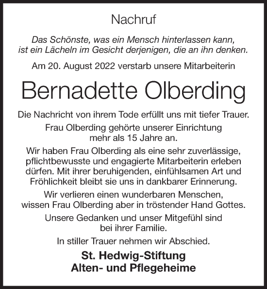 Anzeige von Bernadette Olberding von OM-Medien