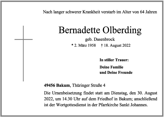 Anzeige von Bernadette Olberding von OM-Medien