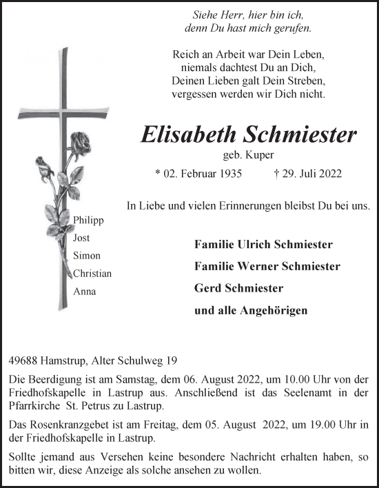 Anzeige von Elisabeth Schmiester von OM-Medien