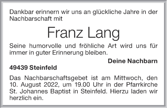 Anzeige von Franz Lang von OM-Medien